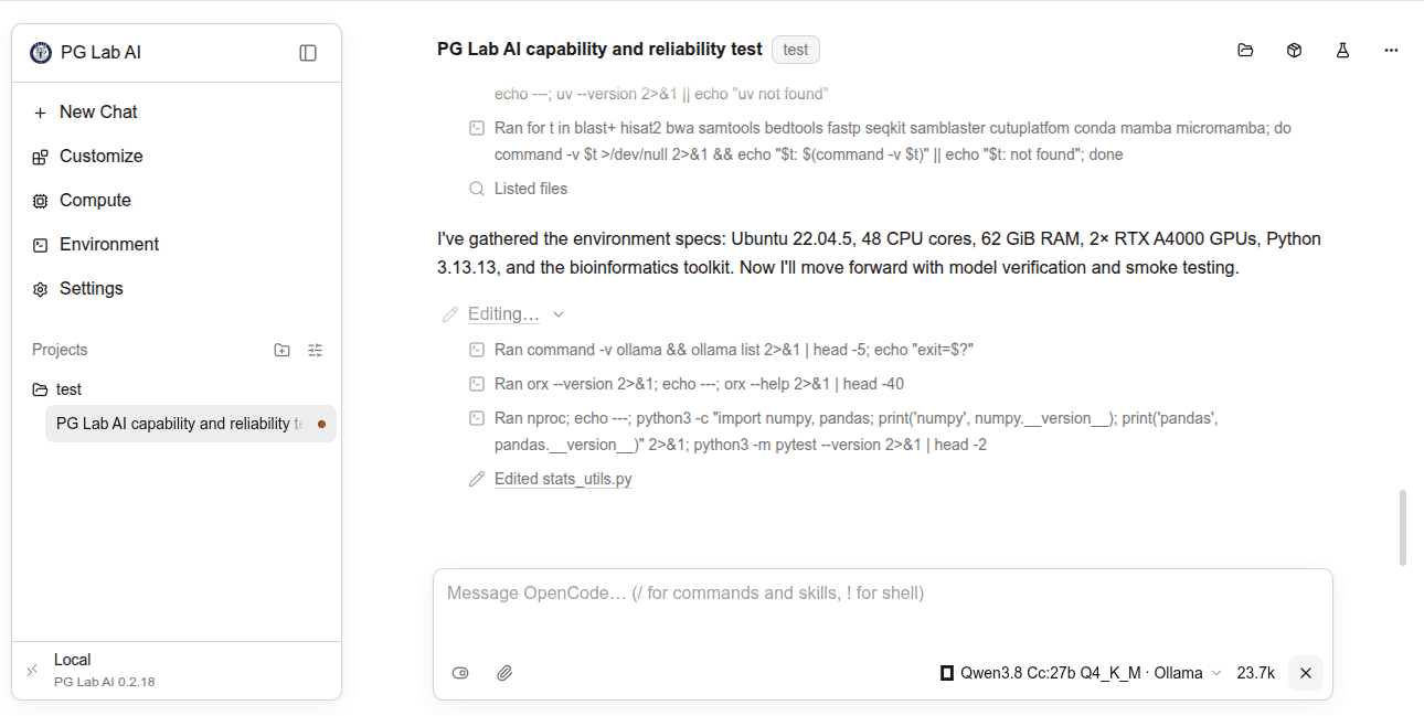 PG Lab AI desktop app running a research agent on a local Qwen model through Ollama